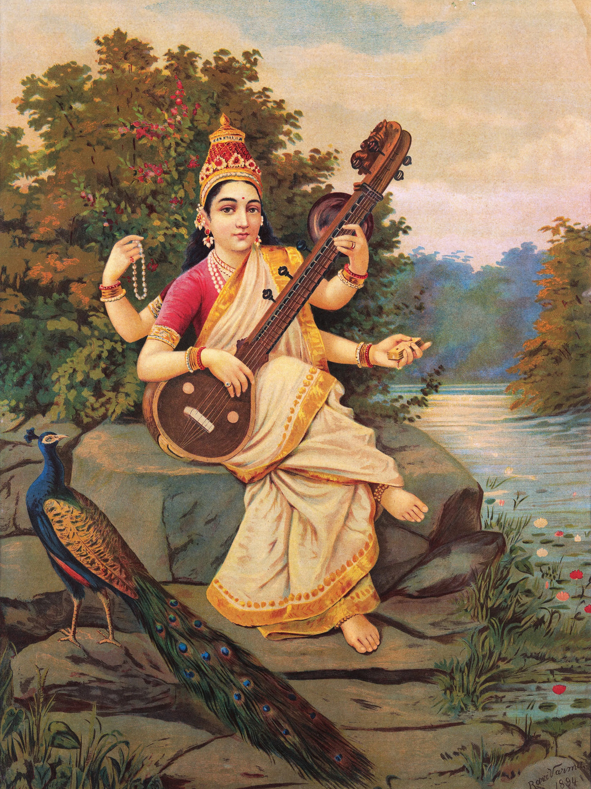Saraswati seated on a rock by a river, holding a veena and rosary, with a peacock beside her
