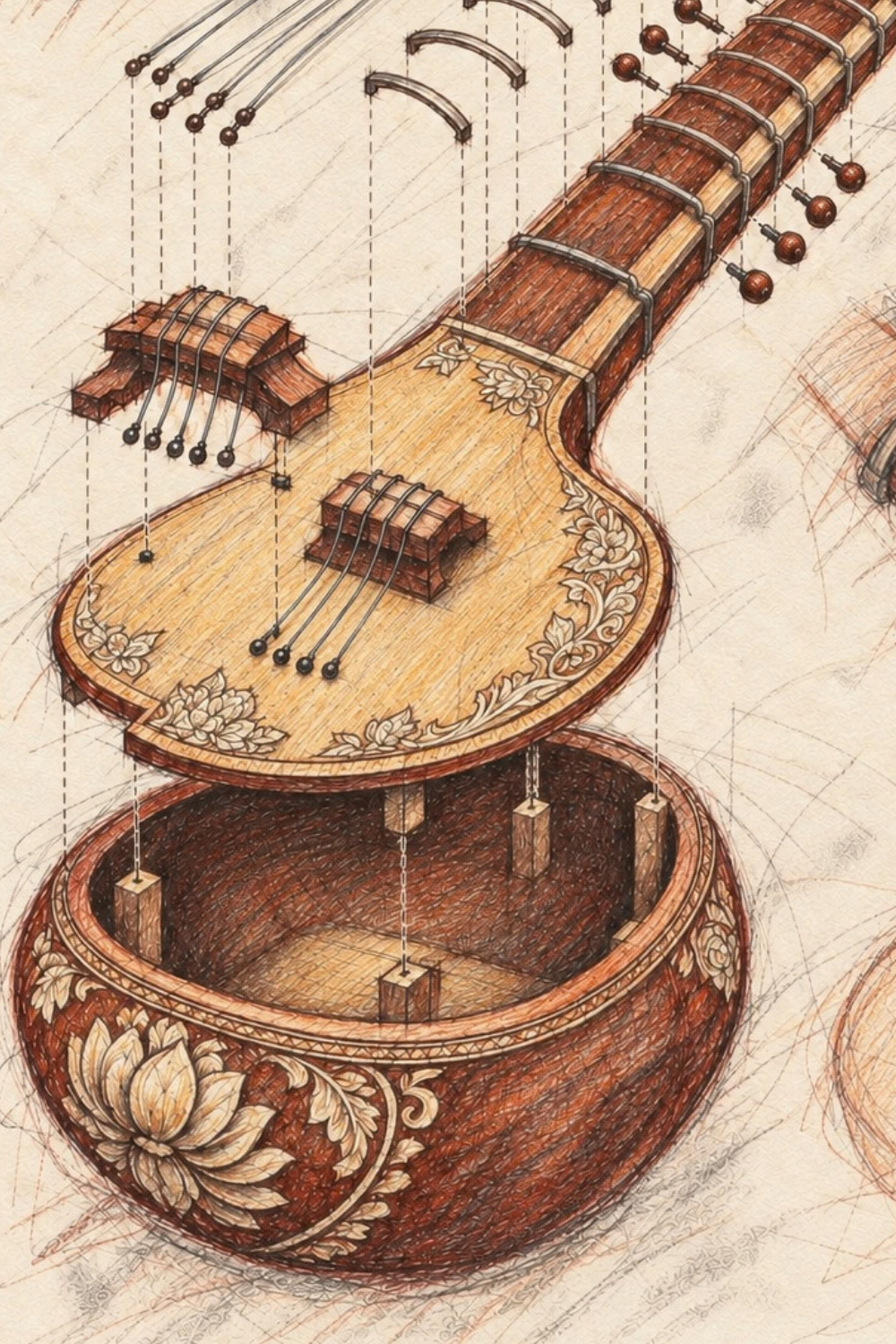 Dark-framed sitar print on a cream wall beside a wooden door above a dark wooden chair