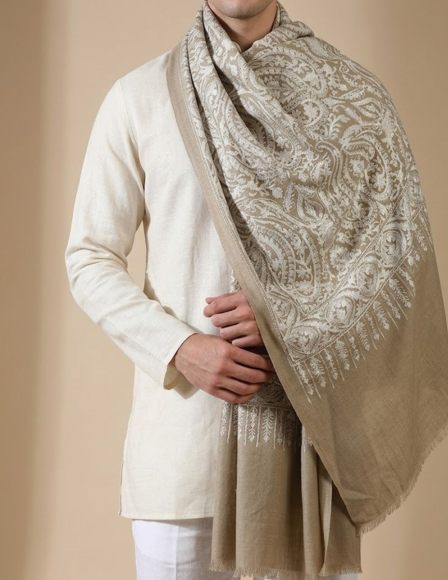 Ivory Sozni stole — full-length view showing embroidered field.