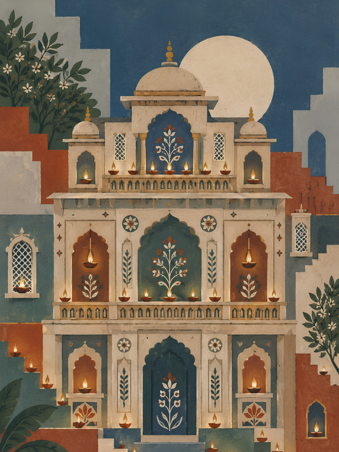 Hand-painted Indo-Bauhaus artwork of an ornate ivory palace lined with glowing diyas beneath a full moon