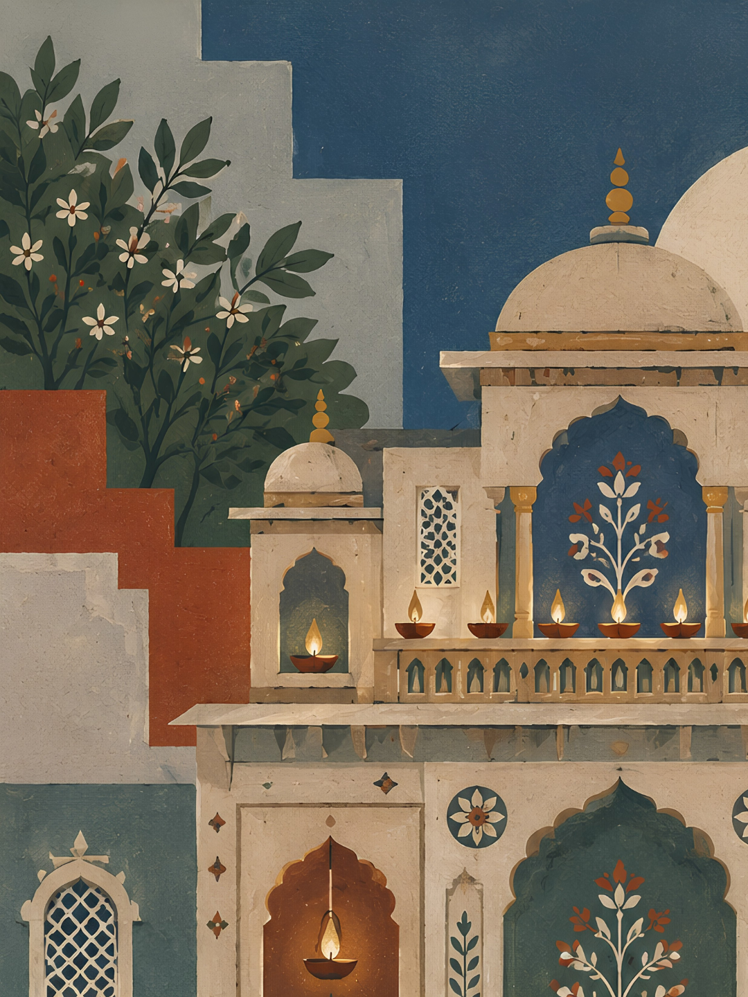 Close-up of the palace's domes, lattice windows, arched niche and a balcony lined with lit diyas