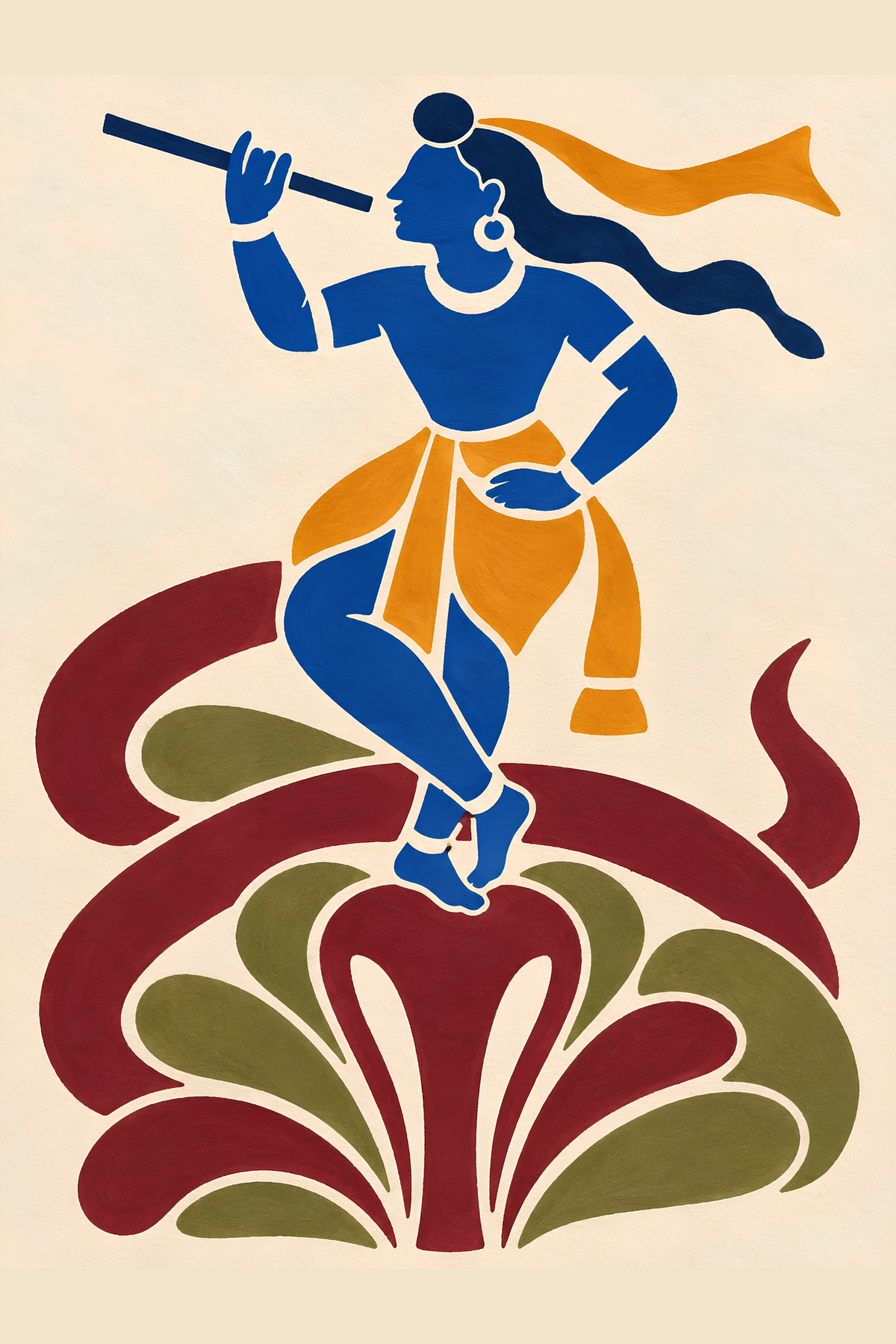 Handpainted Matisse-inspired painting of Krishna in blue playing a flute while dancing on the coils of a serpent, on a cream ground
