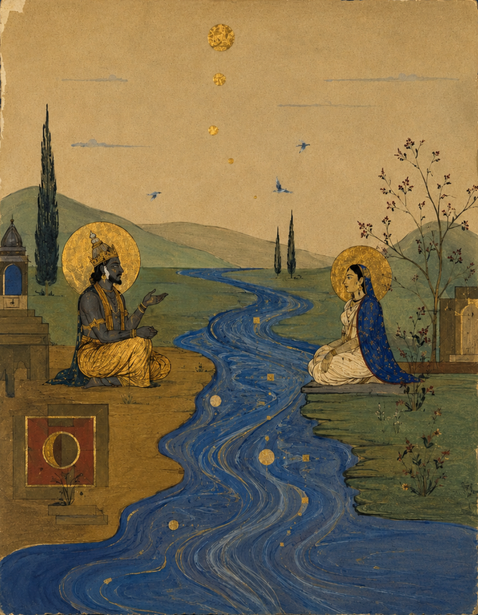 Tirtha — Yama and Yamuna at the Sacred River, Canvas Cloth Print