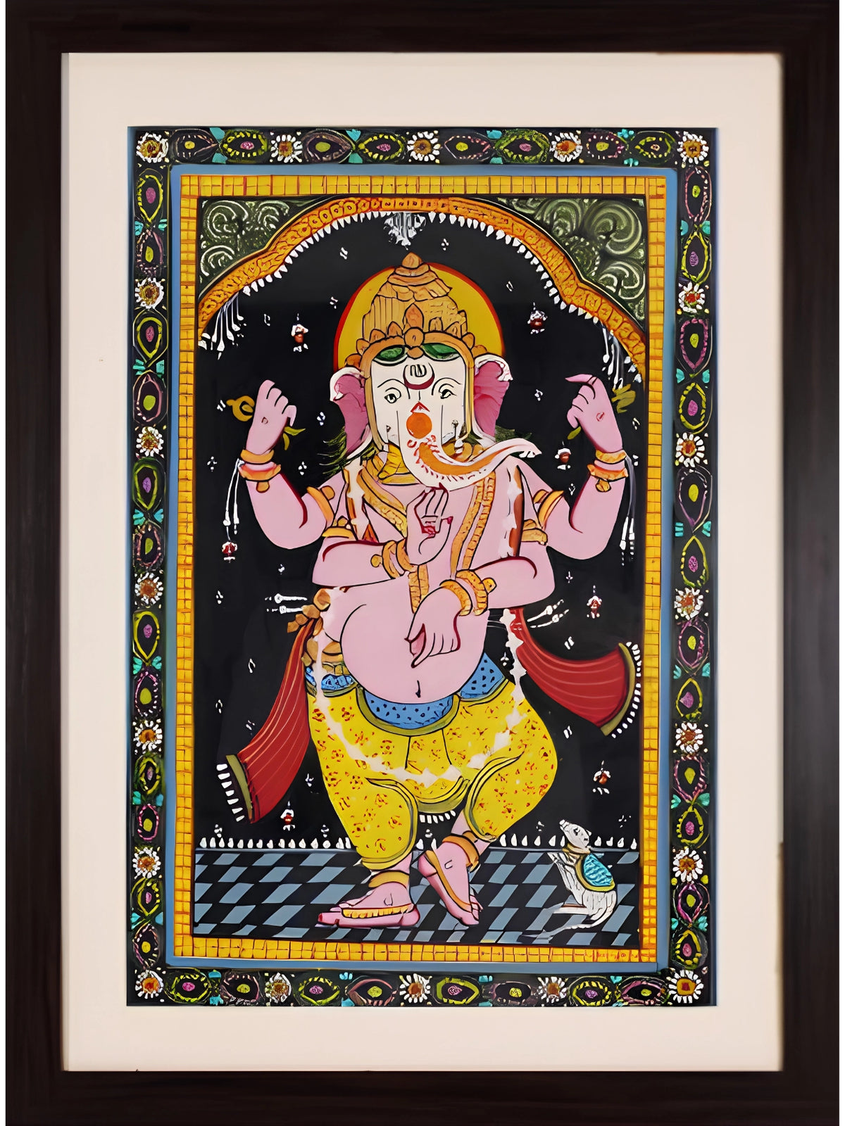 Handpainted – Pattachitra – Dancing Ganesha in Rose and Saffron