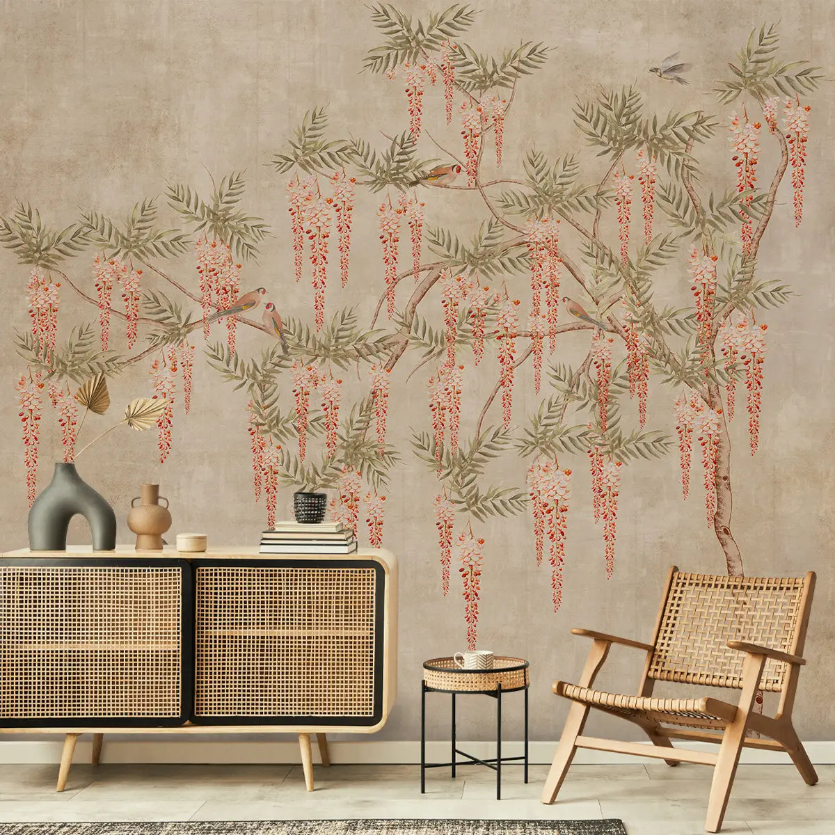 wisteria dreamscape beige wallpaper - Customized indian floral wallpaper for living room