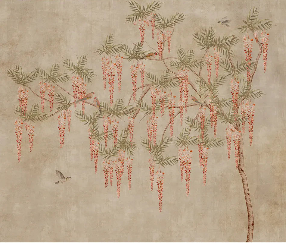 wisteria dreamscape beige wallpaper - Customized indian floral wallpaper with parrots buy now