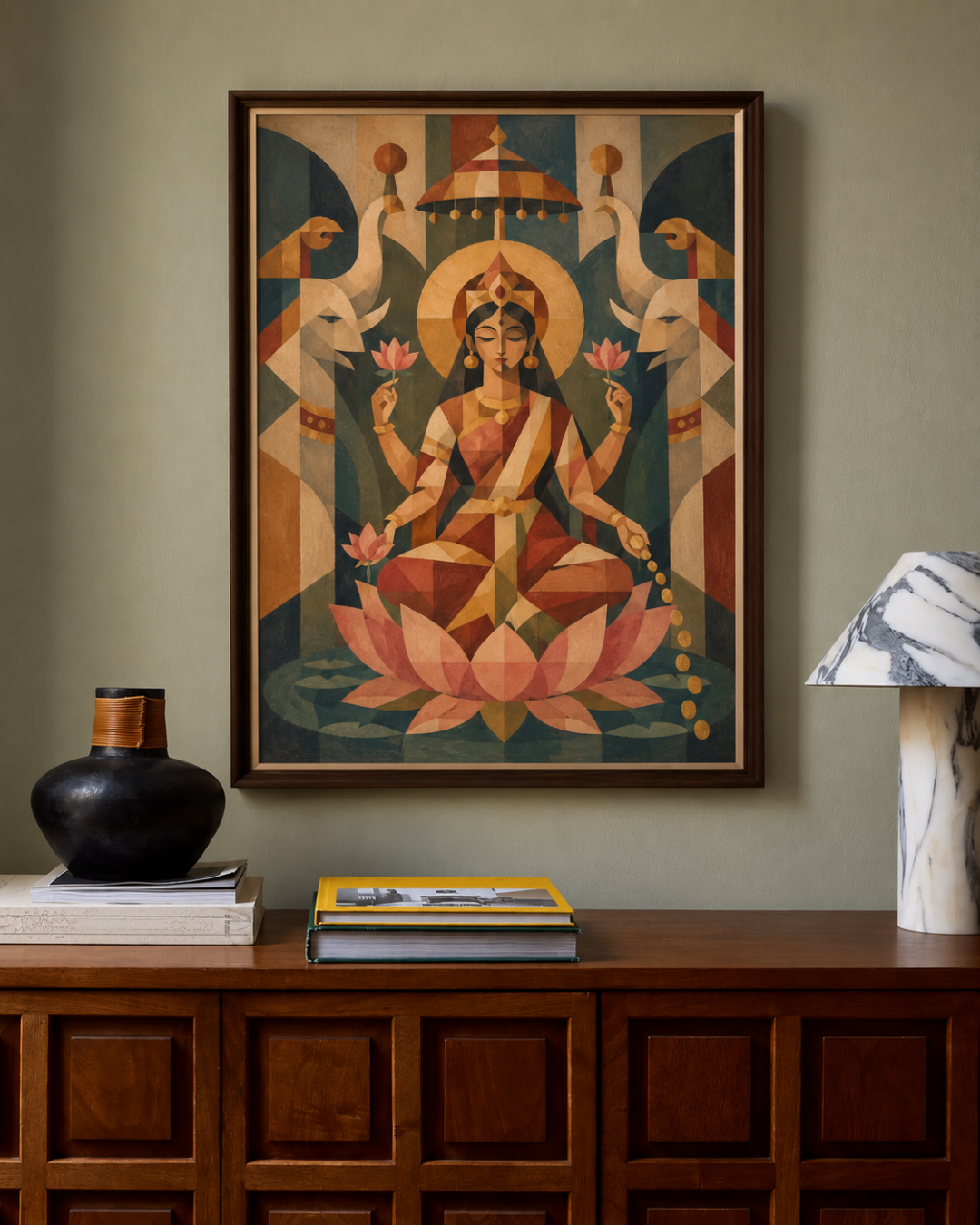 Lakshmi painting in a dark wooden frame above a sideboard with a black vase and marble lamp