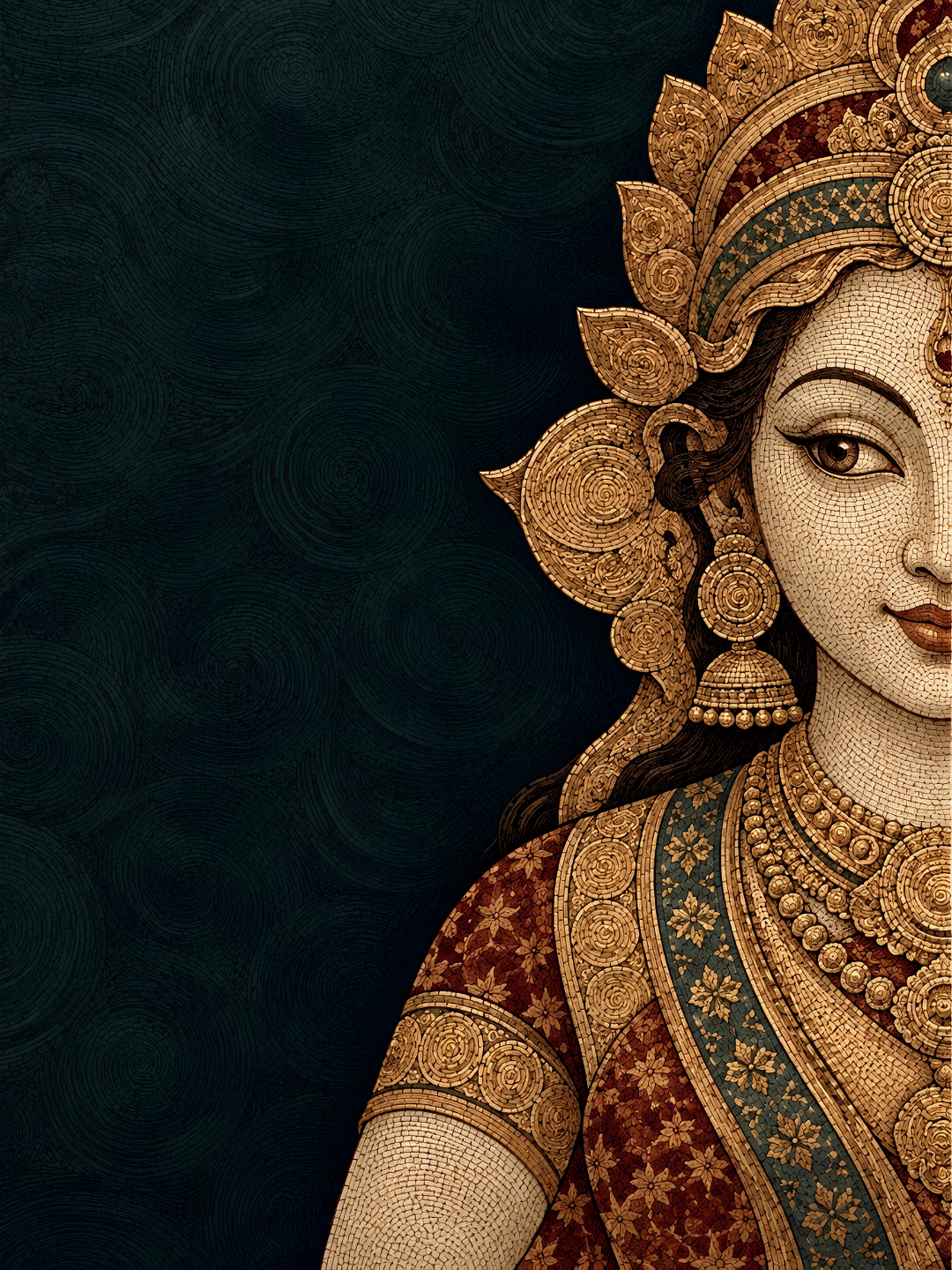 Art print of the goddess Lakshmi in gold mosaic style, half her face visible at the right edge of a dark teal field
