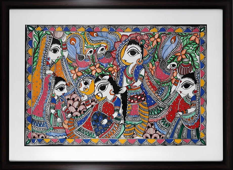 Divine Rasa: Krishna with Gopikas - Madhubani Painting