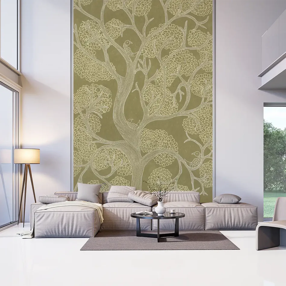Verdant Lines Madhubani Wallpaper - Customized abstract tree wallpaper for living room
