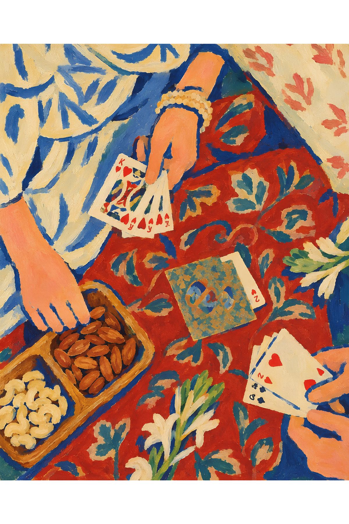 Handpainted Matisse-inspired painting, overhead view of hands holding playing cards over a red patterned rug with trays of almonds and cashews