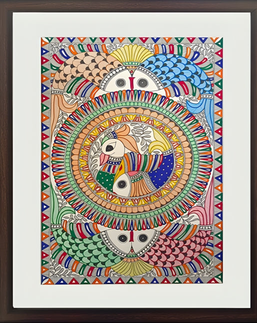 Cycle of Vitality: Peacock & Fish Mandala - Madhubani Painting