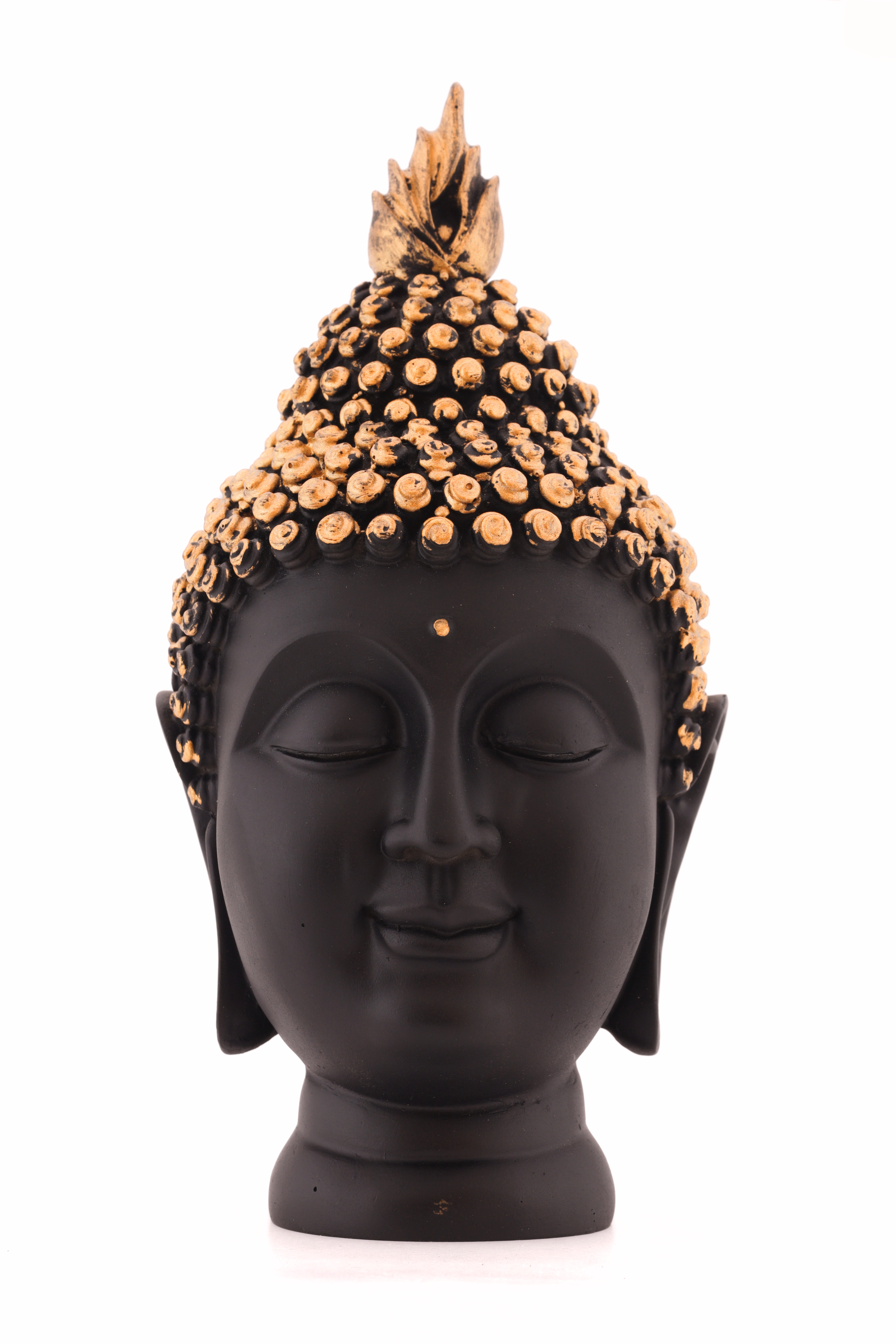 Black Buddha head statue with golden crown detailing – resin spiritual figurine for home decor