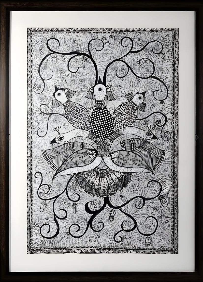 Song of the Peacock: Birds in Harmony - Madhubani Paintings