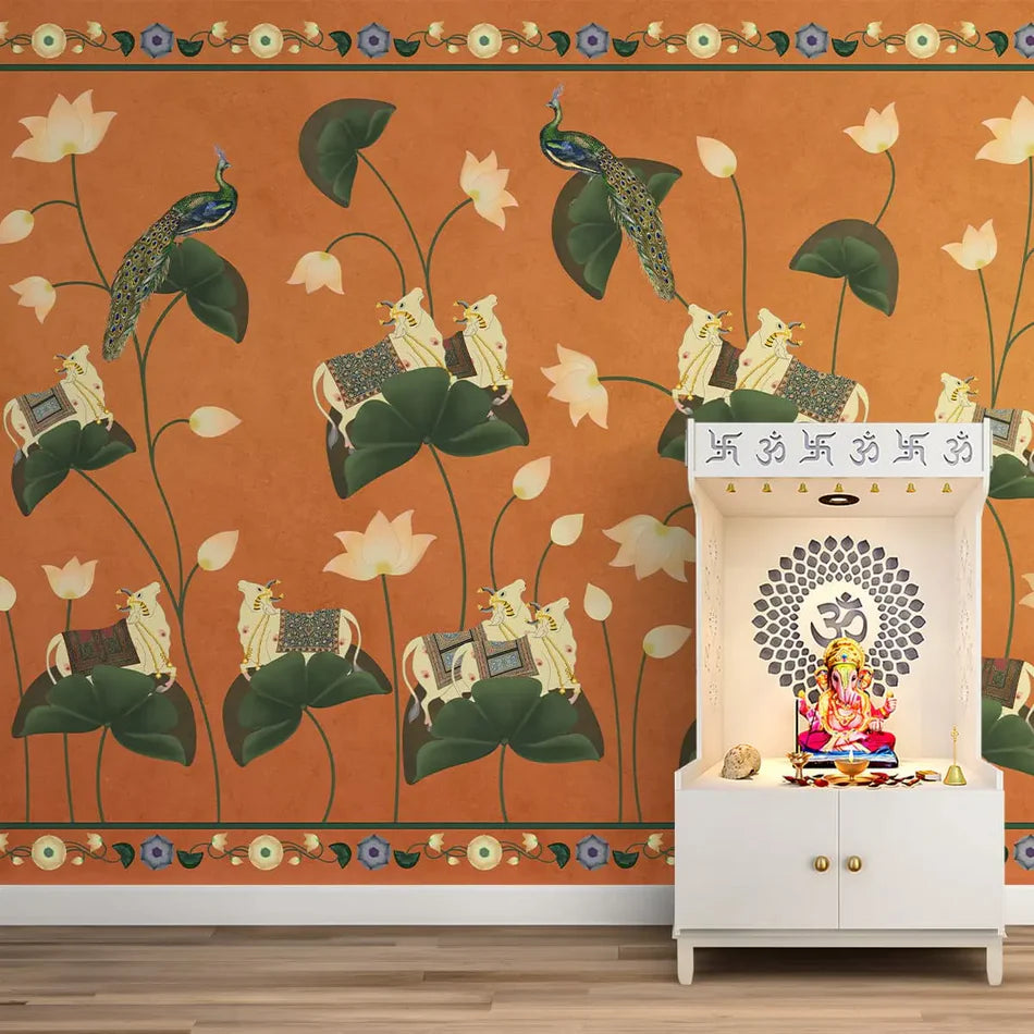Sacred Blooms Pichwai Ochre Wallpaper - customized indian animal wallpaper with peacocks and surabhi cows