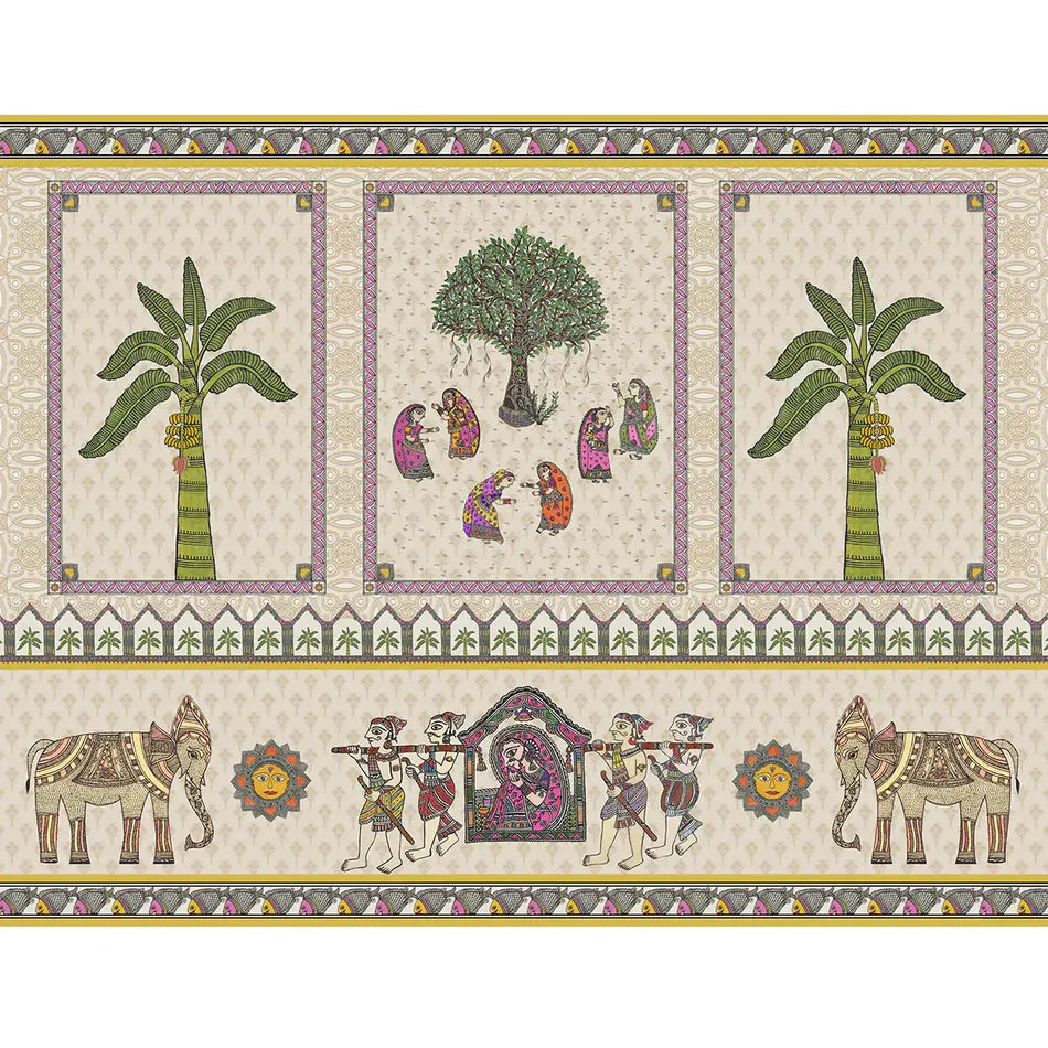 Madhubani Janakpuri Jharoka wallpaper - Customized indian traditional wallpaper with elephants for living room