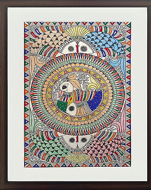 Cycle of Vitality: Peacock & Fish Mandala - Madhubani Painting