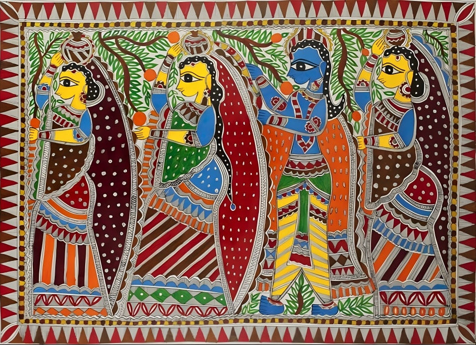 Rasa of Devotion: Krishna with Gopikas - Madhubani Painting