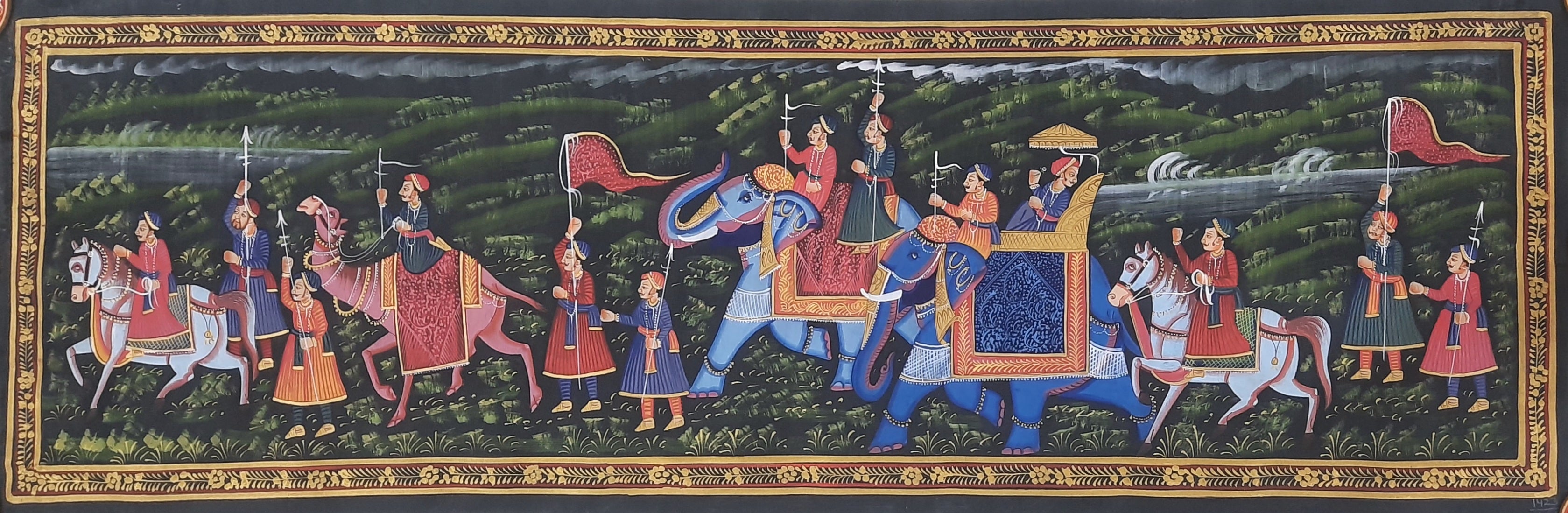 Majestic 'Maharaja' Procession Silk Painting: A Celebration of Royal Grandeur