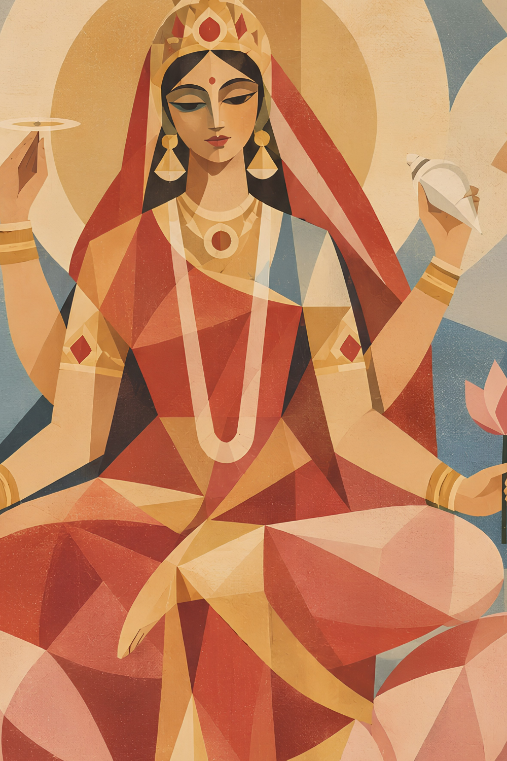 Close-up detail of Goddess Siddhidatri in the Cubist Navadurga painting, showing the faceted colour planes