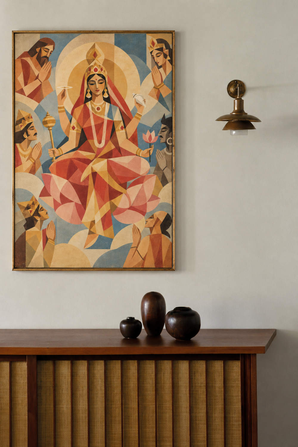 Cubist painting of Goddess Siddhidatri framed on a white wall above a wooden sideboard with dark ceramic vases