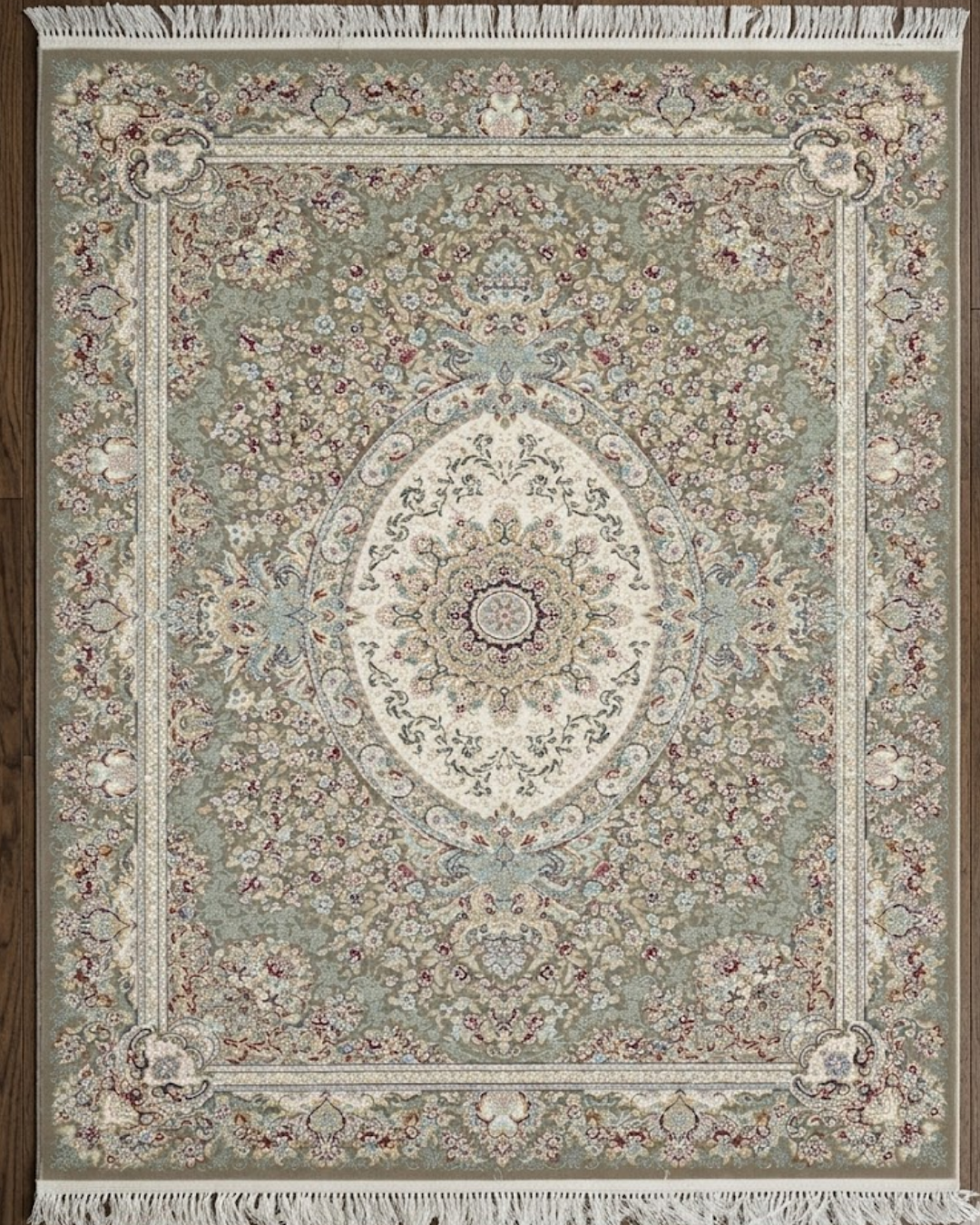 Sabzeh Silk & Wool Blend Carpet – Sage Tabriz Floral Medallion