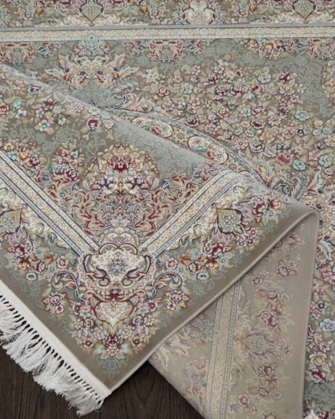 Sabzeh Silk & Wool Blend Carpet – Sage Tabriz Floral Medallion