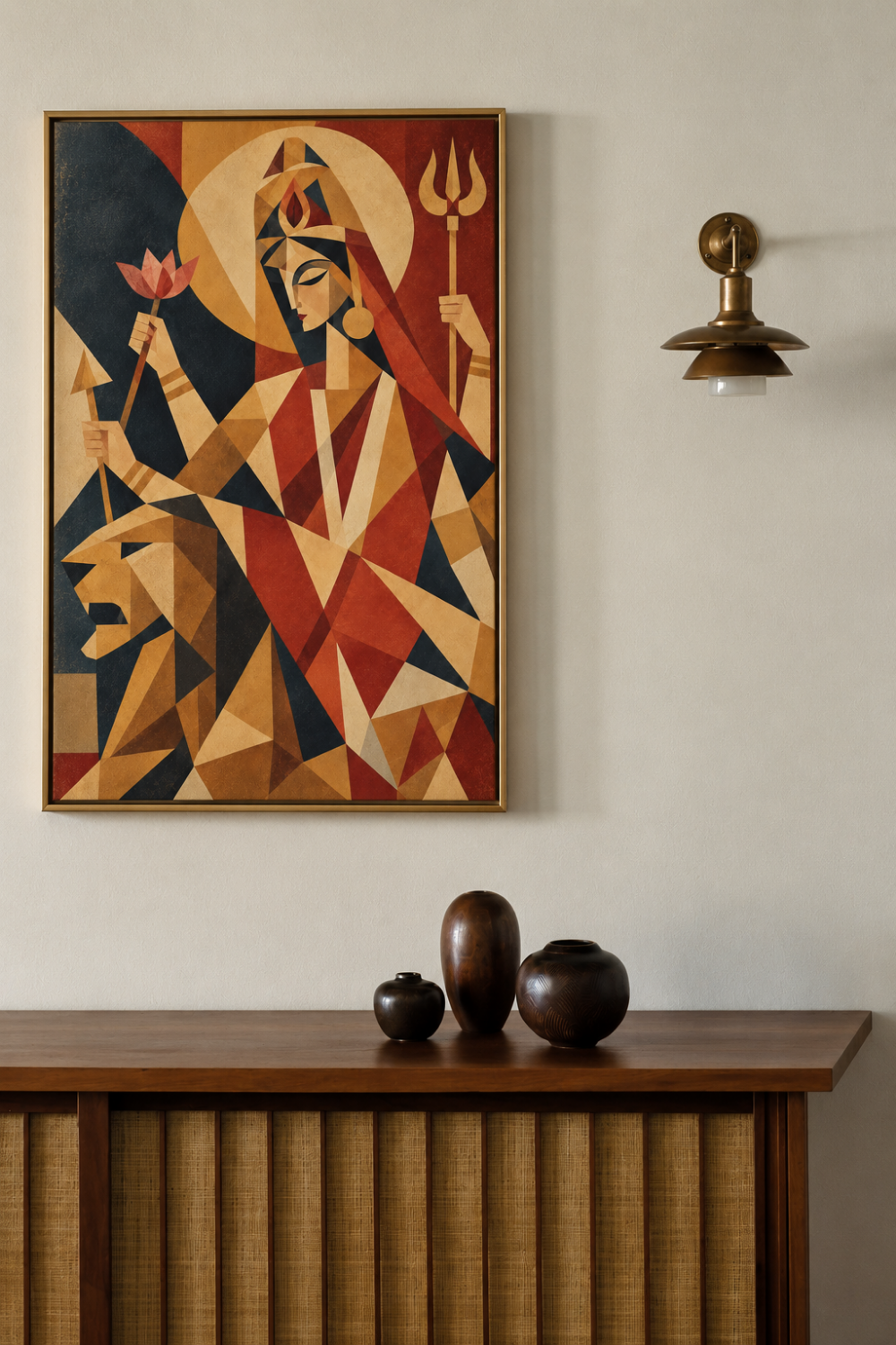 Cubist painting of Goddess Chandraghanta framed on a white wall above a wooden sideboard with dark ceramic vases