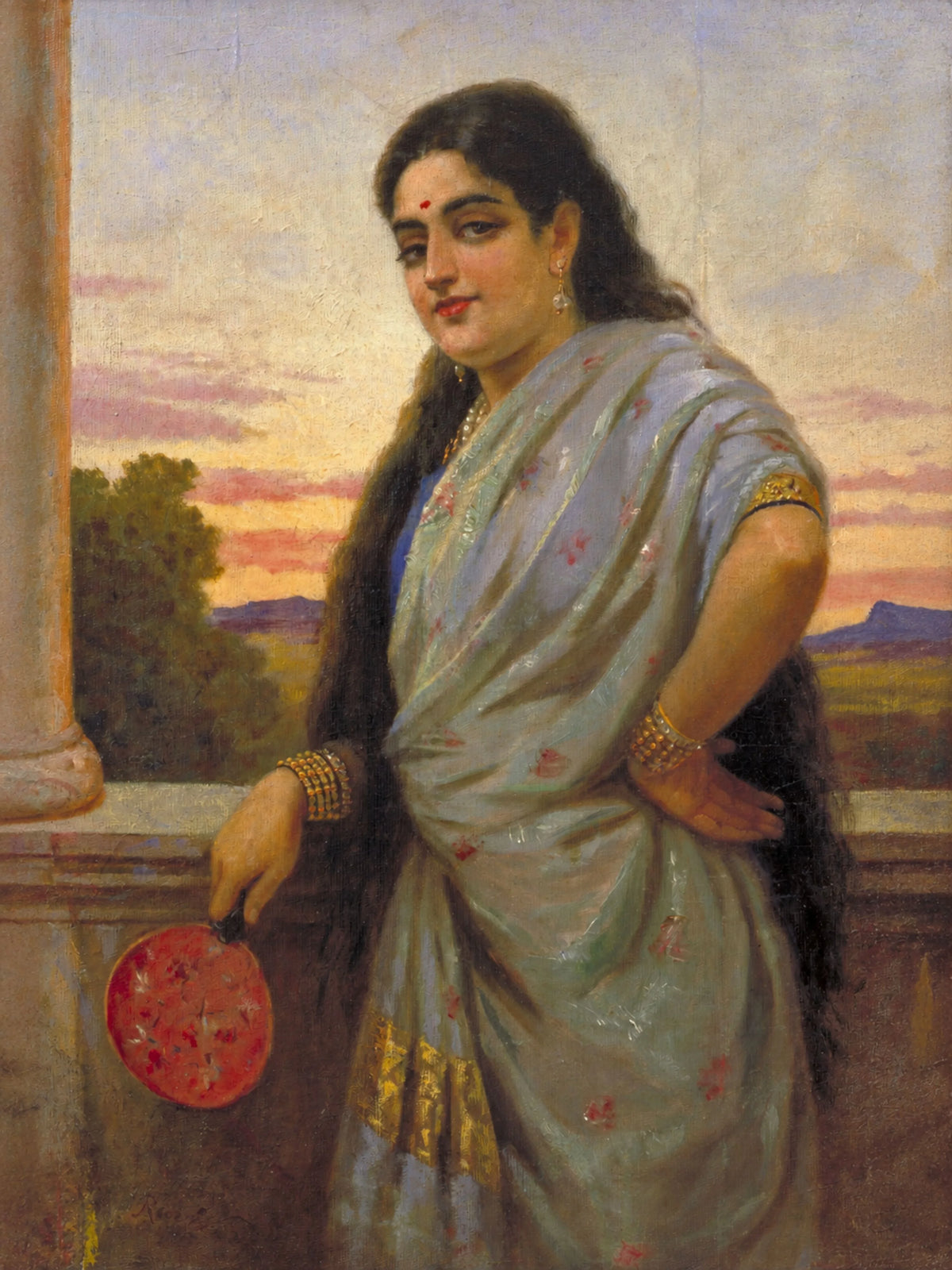 Raja Ravi Varma – "Woman Holding a Fan" (1895): An Elegy to Poise and Feminine Refinement