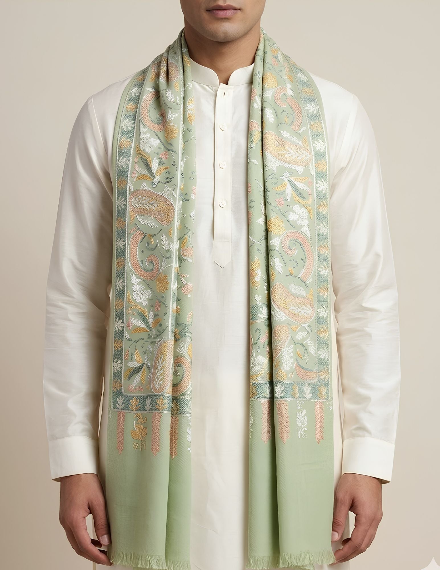Close-up of multicolour floral vine Sozni embroidery on sage green wool silk.