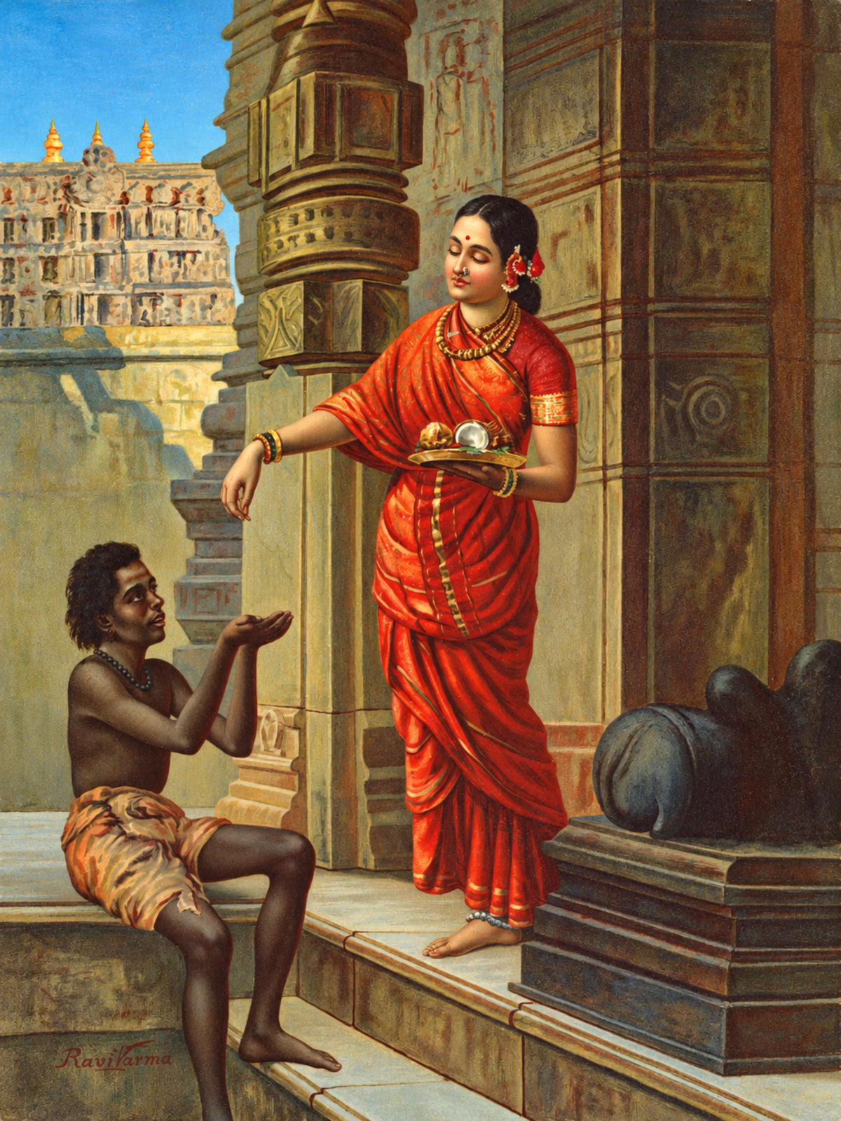 Woman in a red sari holding a tray, offering alms to a seated man beside a black stone bull at a temple