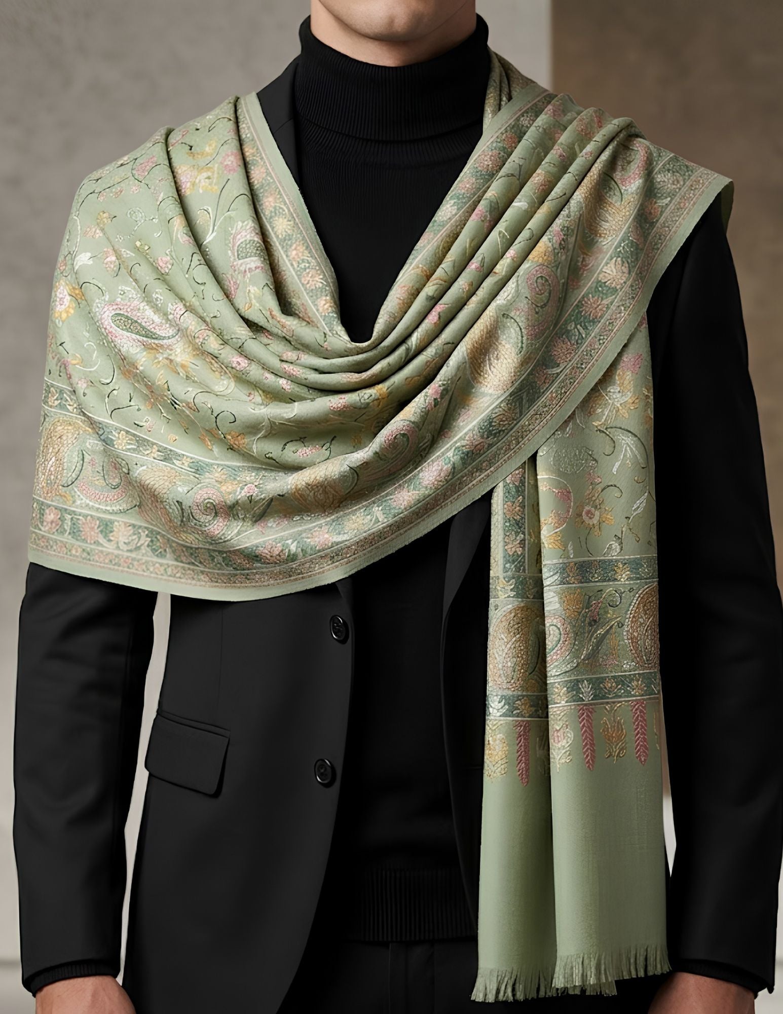 Sage green Sozni stole draped across both shoulders.