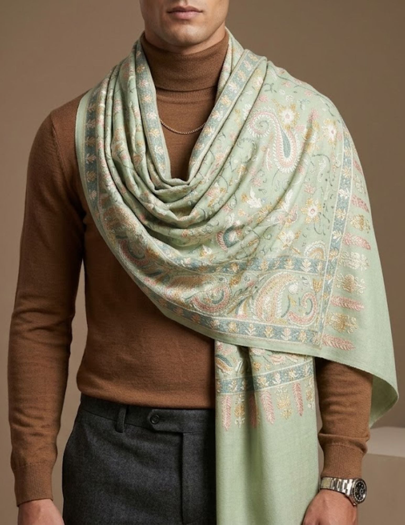Sage green wool silk Sozni stole — front view showing embroidery and border.