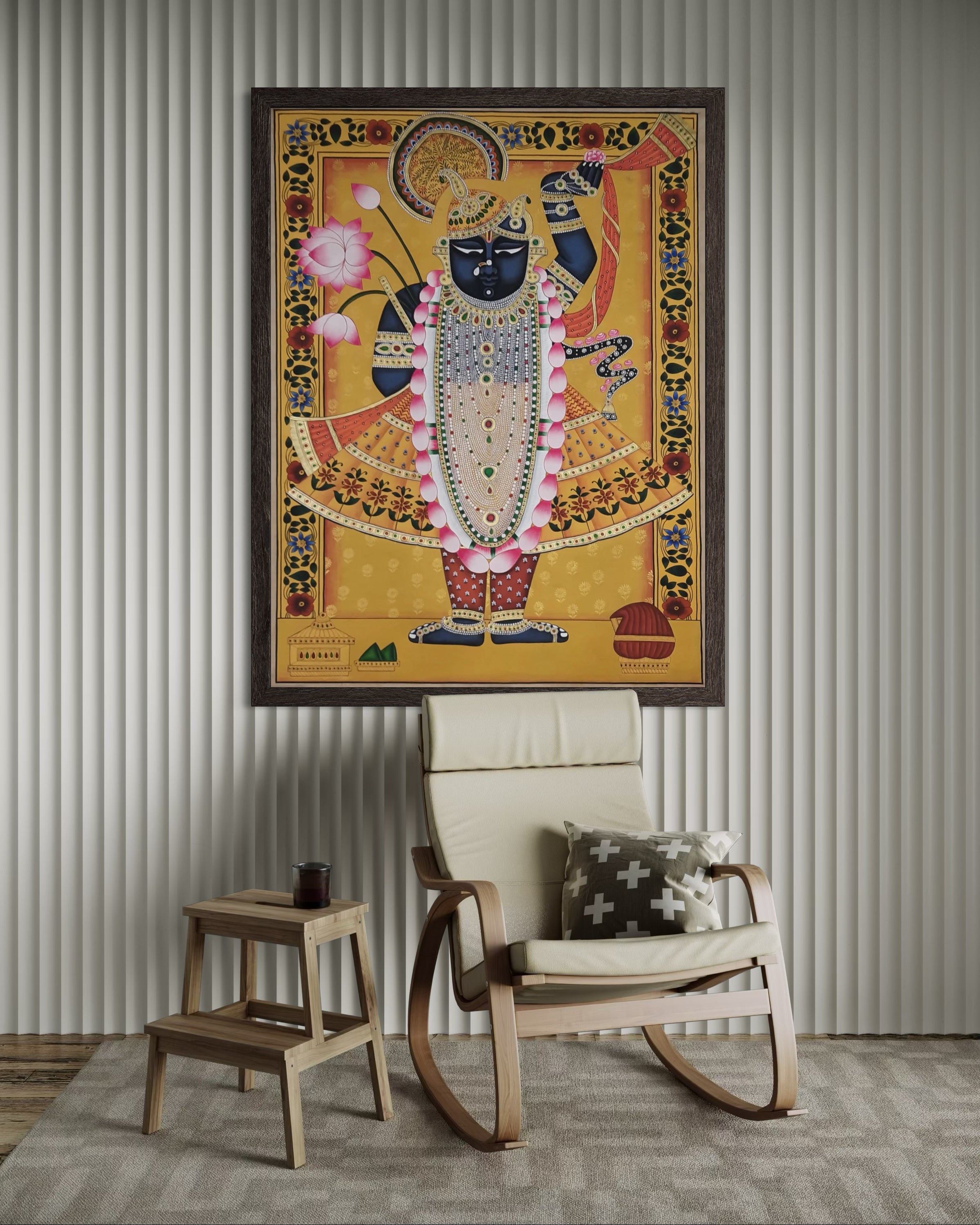 Lord Shrinathji Pichwai in Yellow - Nathdwara Devotional Painting on Cotton