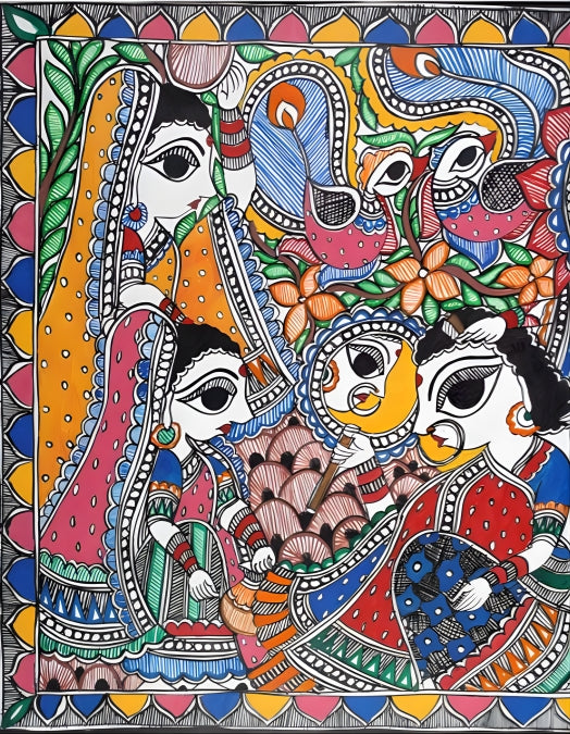 Divine Rasa: Krishna with Gopikas - Madhubani Painting