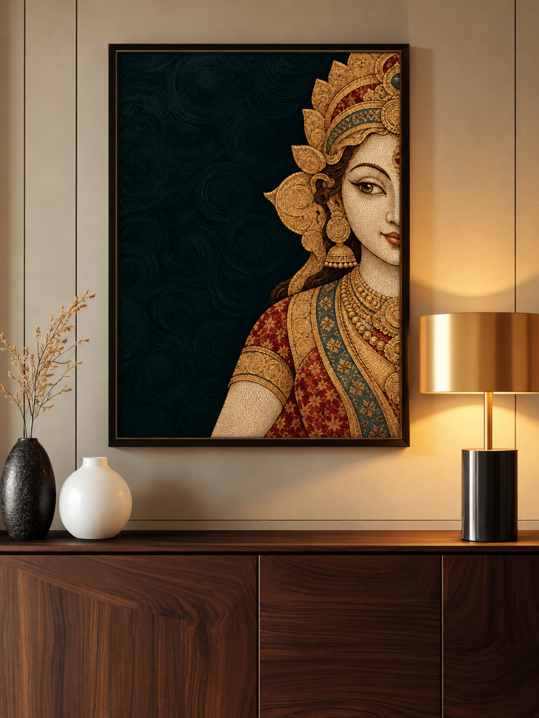 Lakshmi in Gilded Mosaic art print shown framed above a walnut sideboard beside a brass table lamp