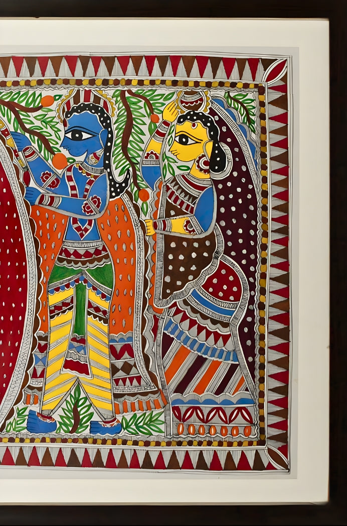 Rasa of Devotion: Krishna with Gopikas - Madhubani Painting