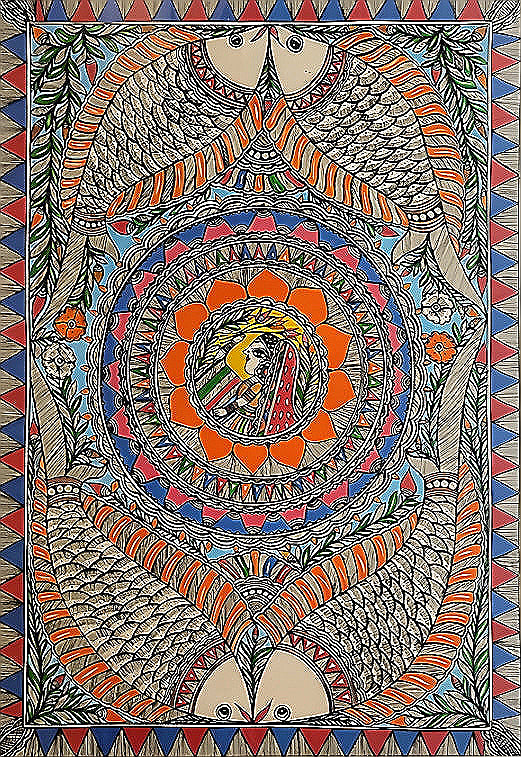 Fertility & Flow: Women with Four Fishes - Madhubani Painting