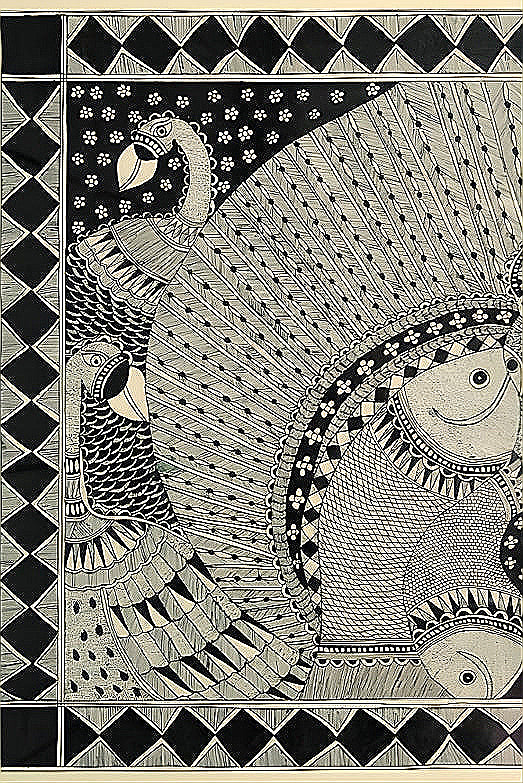 Harmony of Grace & Abundance: Peacock & Fish Mandala - Madhubani Painting