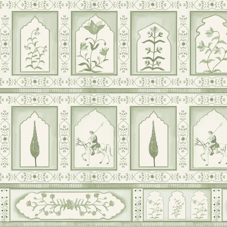 Decorative wallpaper with floral and architectural designs in a grid pattern.