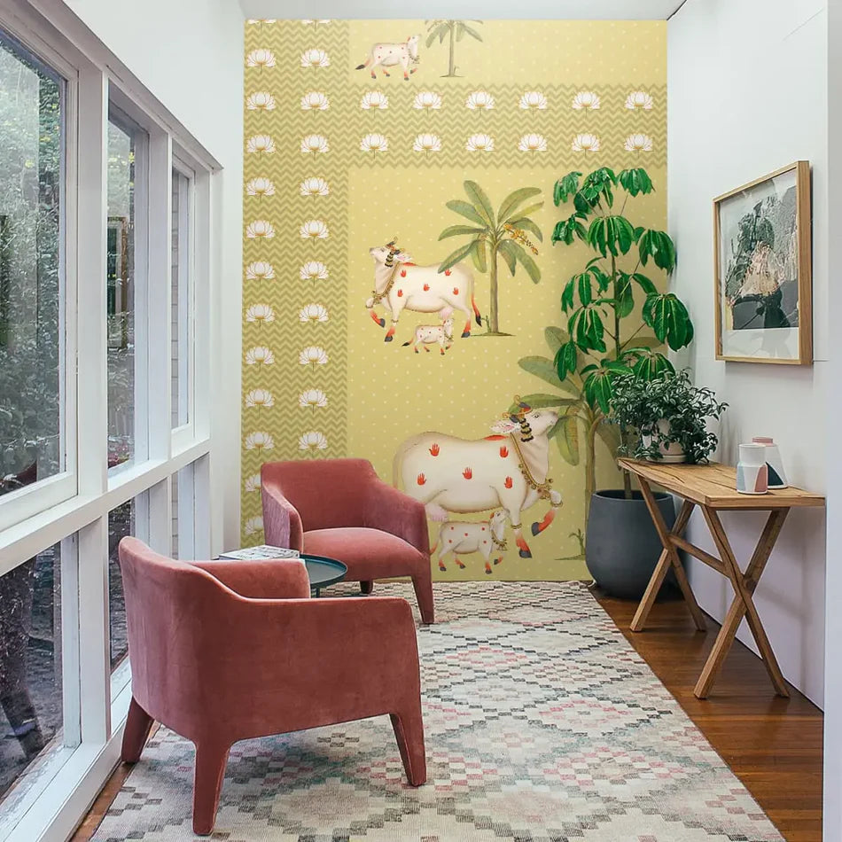 Yellow Garden pichwai wallpaper - customized garden wallpaper with surabhi cows for living room