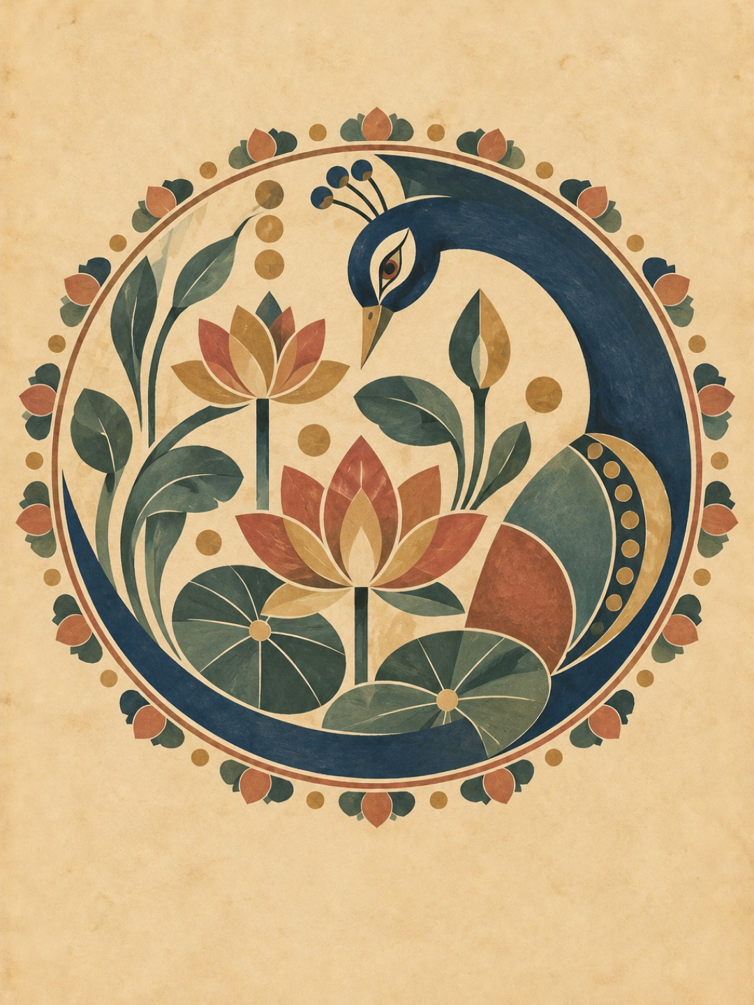 Rangoli Art Print – Peacock in the Lotus Pool