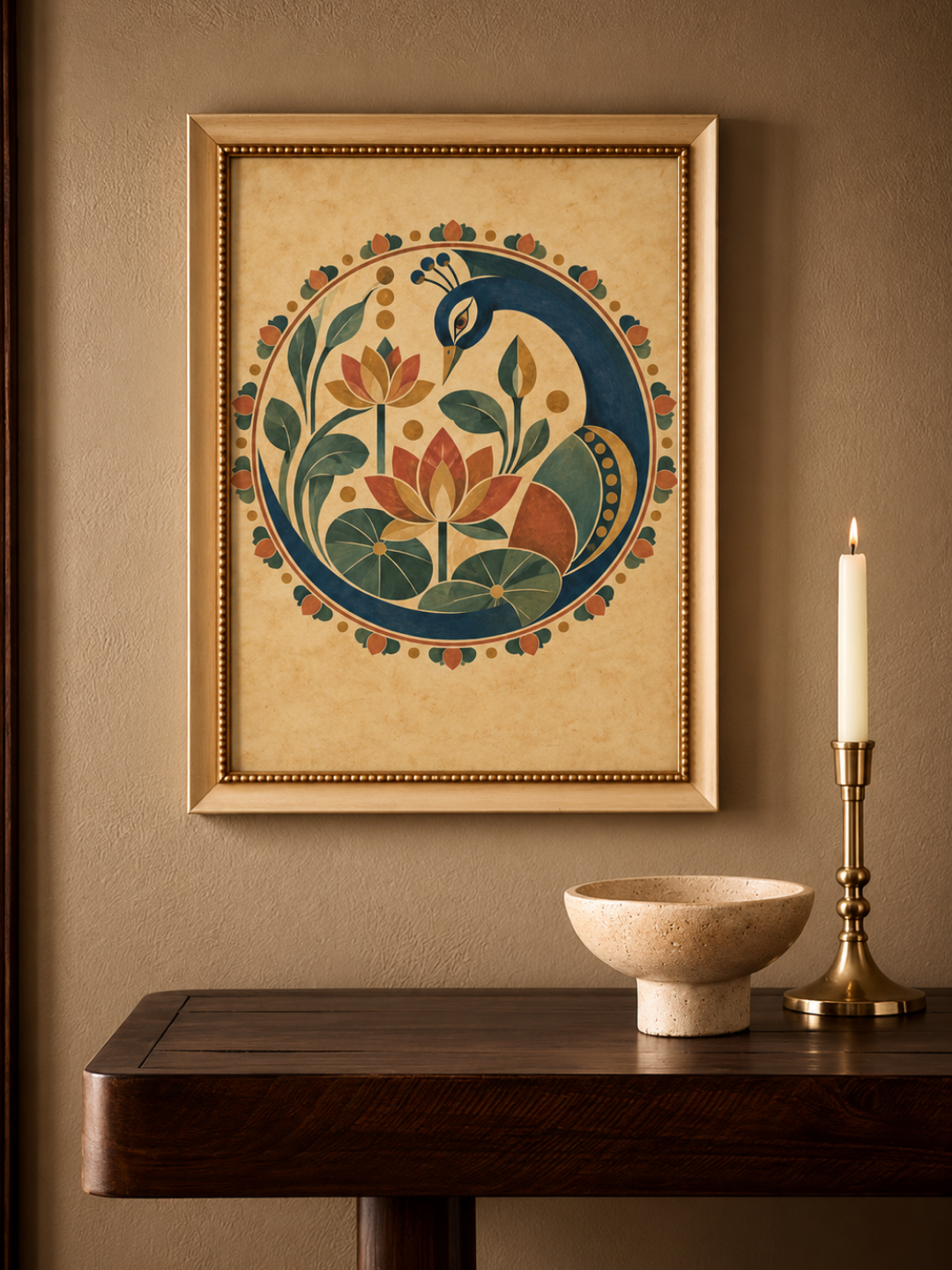 Rangoli Art Print – Peacock in the Lotus Pool
