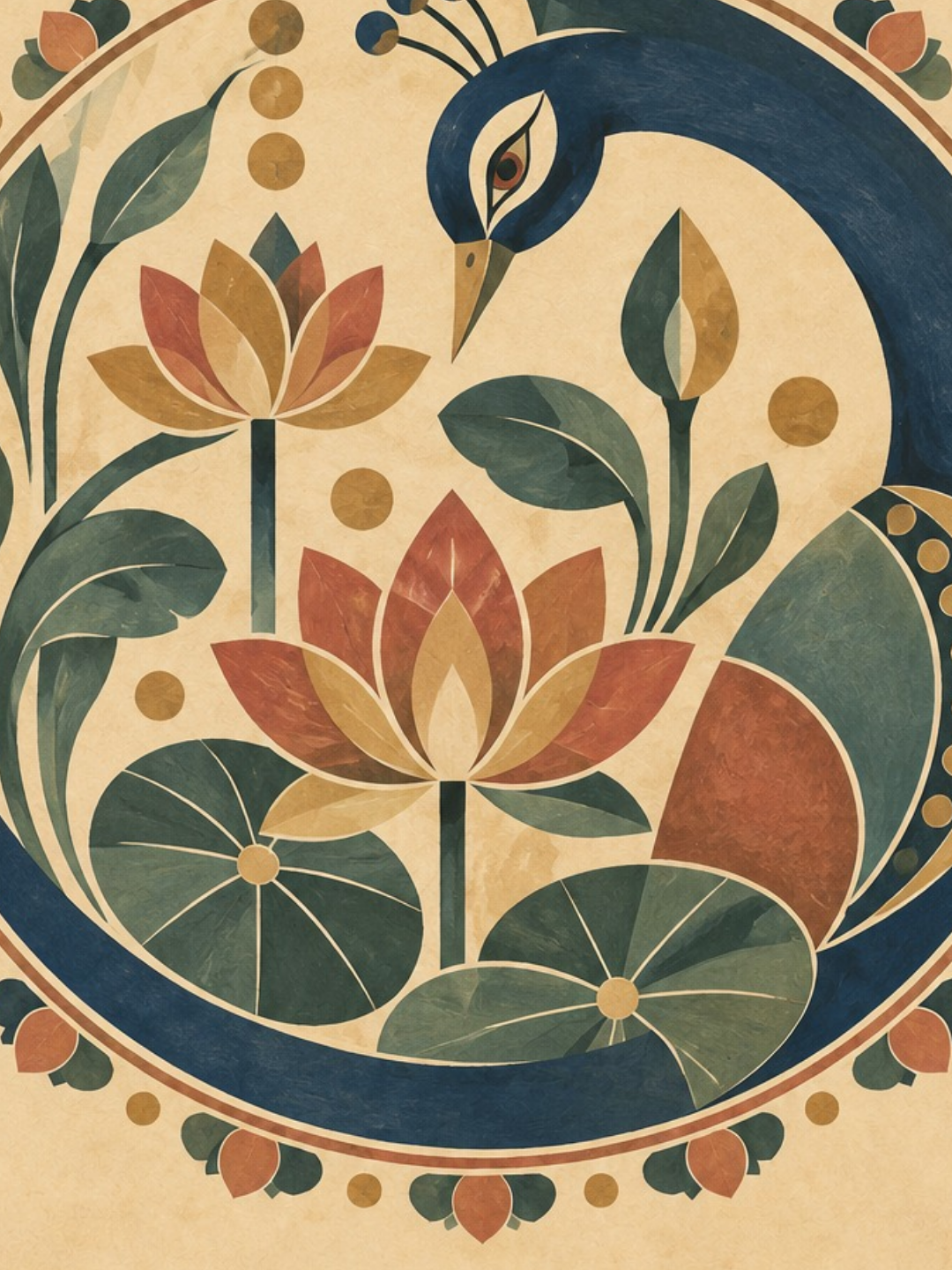 Rangoli Art Print – Peacock in the Lotus Pool
