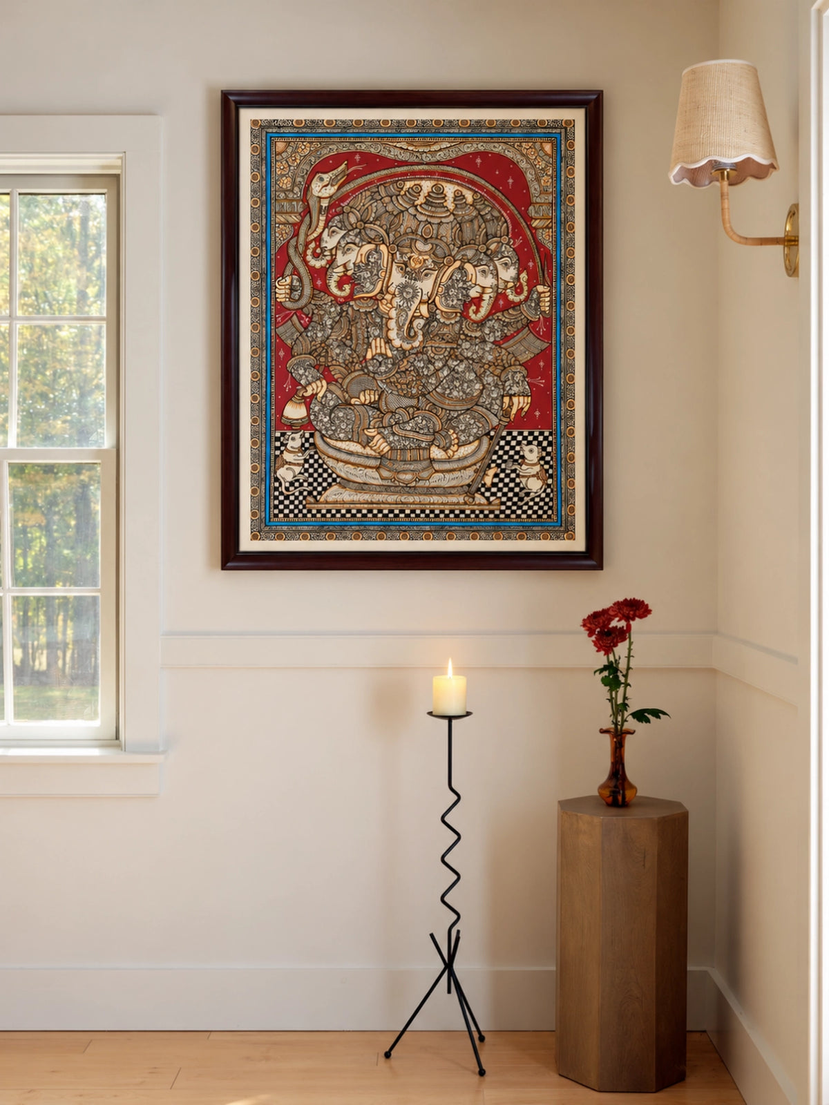Handpainted – Kalamkari – Dancing Ganesha Within the Roundels