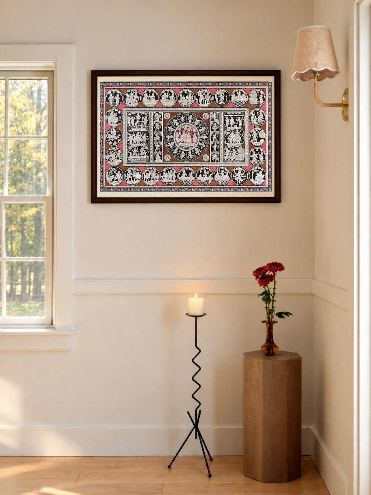 Handpainted – Kalamkari – Story Roundels in Black and Coral