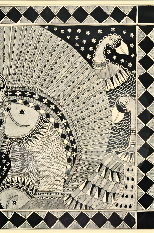 Harmony of Grace & Abundance: Peacock & Fish Mandala - Madhubani Painting