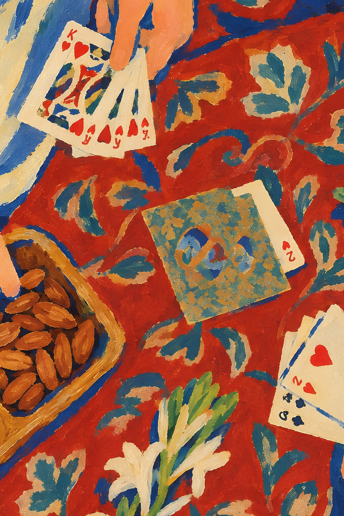Close-up of fanned playing cards, almonds and blue leaf patterns on the red rug in the painting