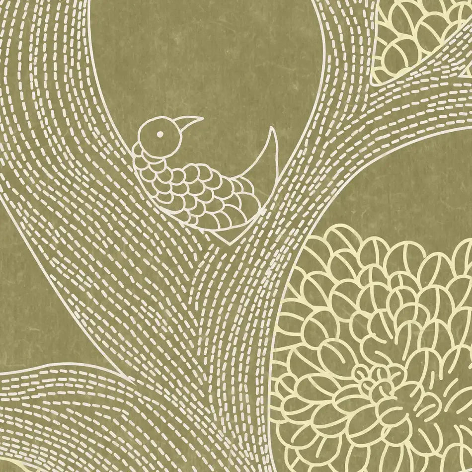 Verdant Lines Madhubani Wallpaper - Customized abstract tree wallpaper with birds