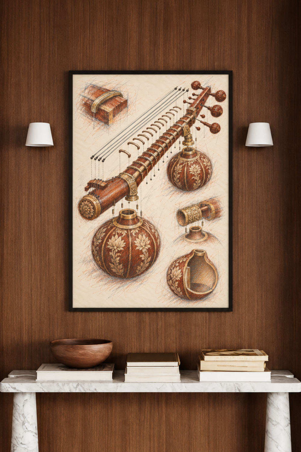 Close-up of the tanpura print showing the neck, ball-ended strings, carved gourd and brass collar